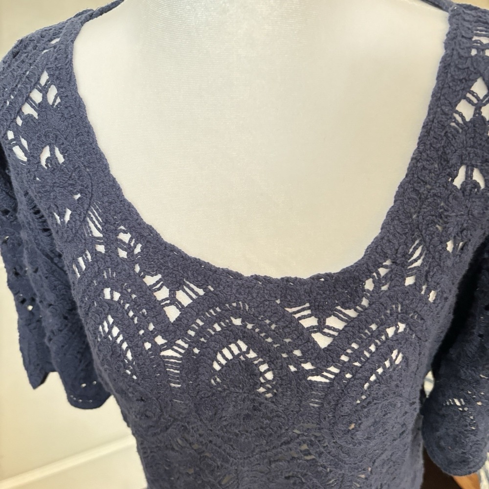 Women Crochet Sweater 3/4‎ Sleeve Scoop Neck Cotton Blend SZ: L Boho Cropped